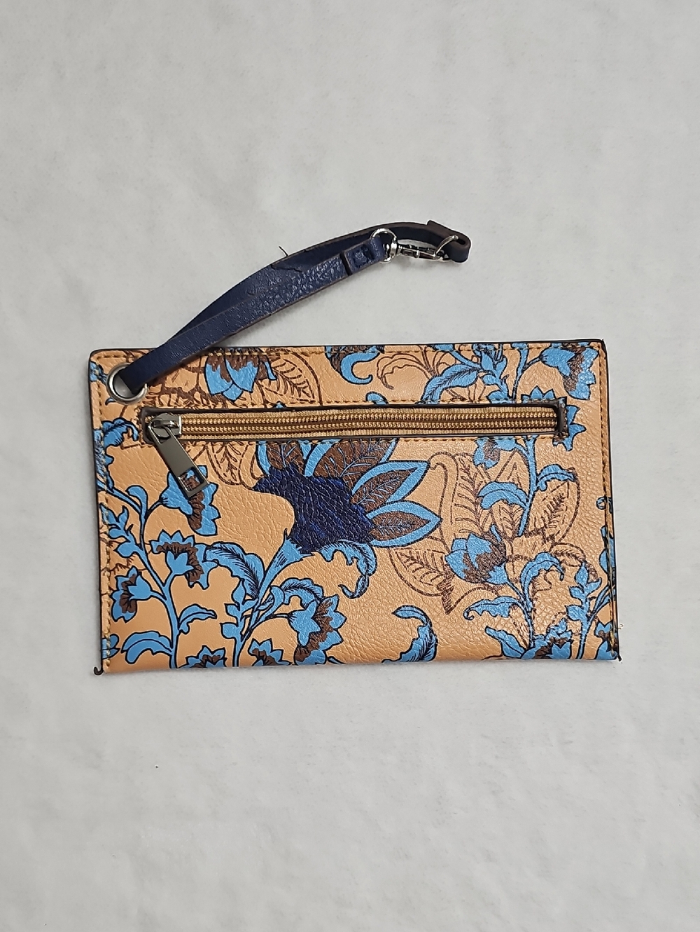 Floral Paisley Wristlet Pouch Blue Tan Faux Leather Small Clutch Bag 8x5